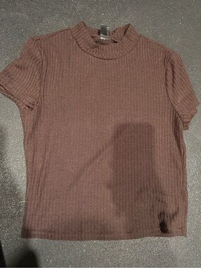SHEIN Ribbed Mock Neck Short Sleeve Top - Brown